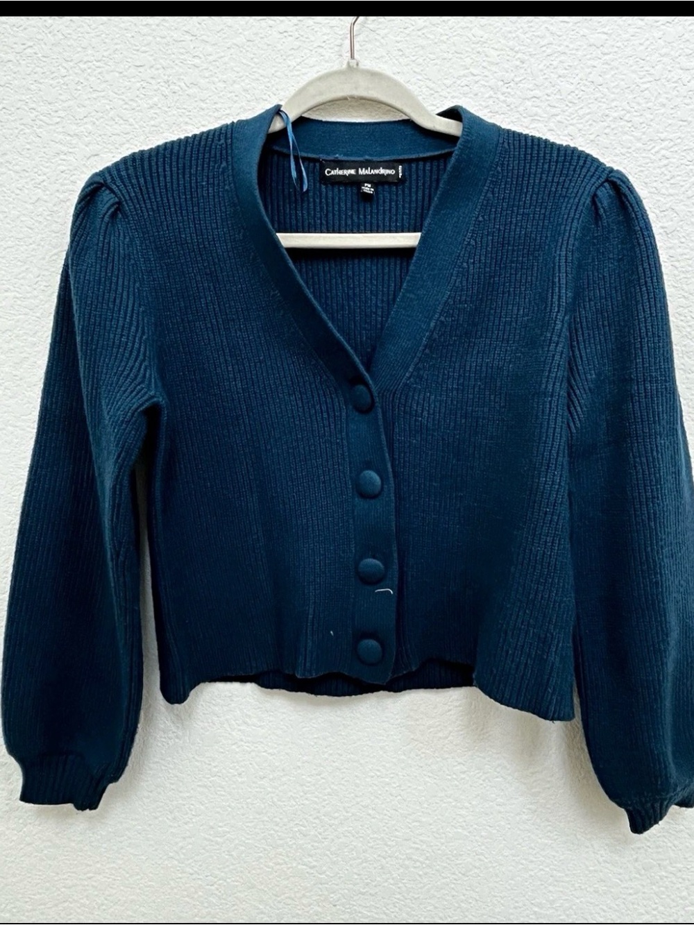 Catherine Malandrino Teal Ribbed Button-Front Cropped Cardigan